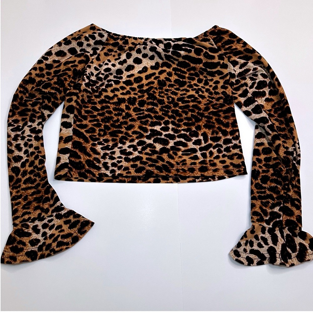 Unbranded Leopard Crop Top Womens Large Brown NWOT Off Shoulder Bell Sleeve